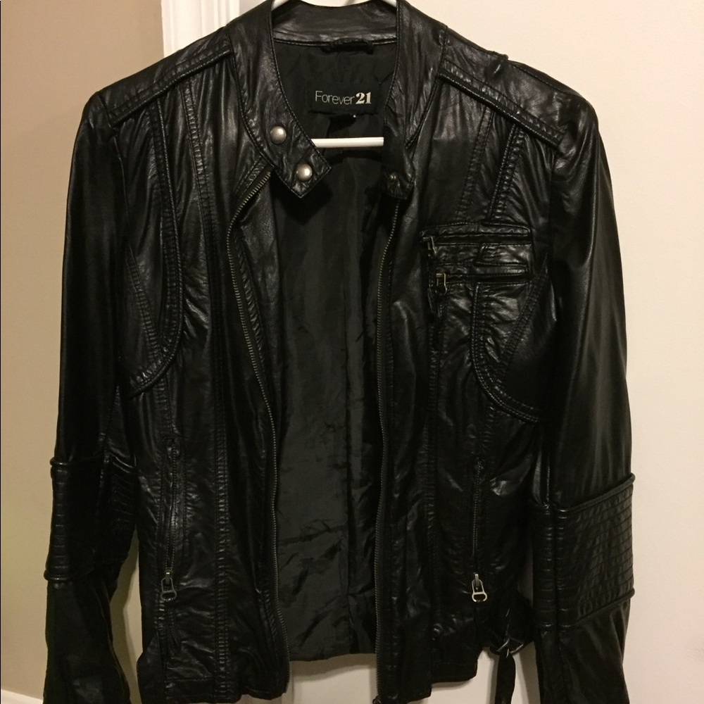 Black leather moto jacket with buckle and collar